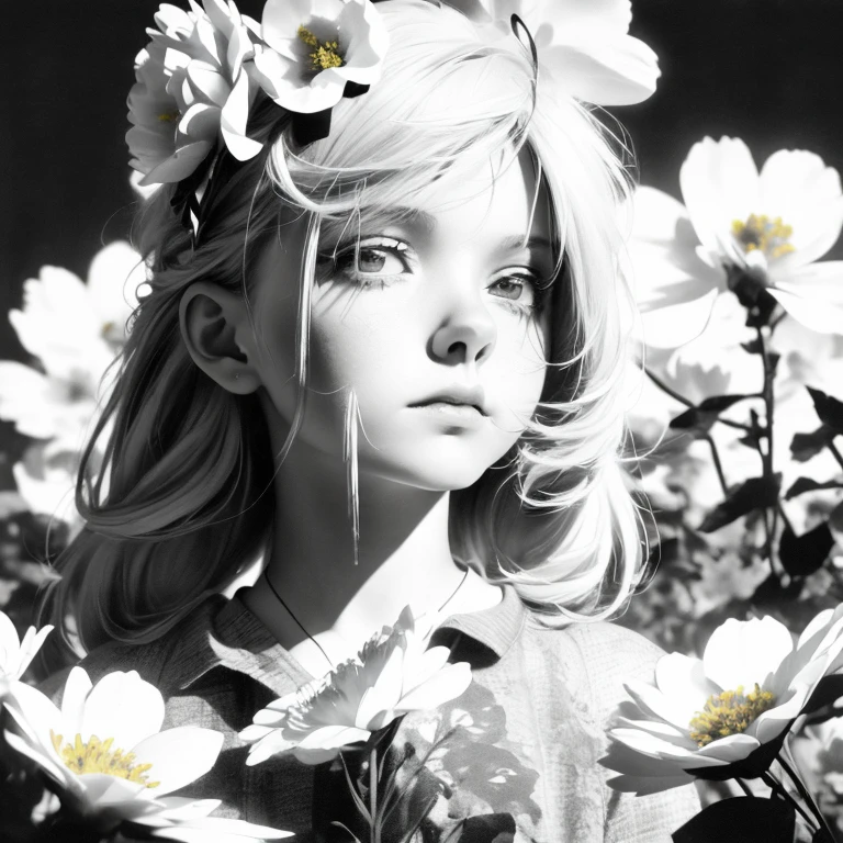 solo,1female\(chibi,cute,kawaii,,hair color white,braid hair,messy hair,eye color gray,big eyes,white skin,(monochrome:1.2),lean on,\),background\((many beautiful flowers and petal:1.4),(colorful:1.6),messy tiny room\),double exposure, BREAK ,
quality\(8k,wallpaper of extremely detailed CG unit, ​masterpiece,high resolution,top-quality,top-quality real texture skin,hyper realisitic,increase the resolution,RAW photos,best qualtiy,highly detailed,the wallpaper\)