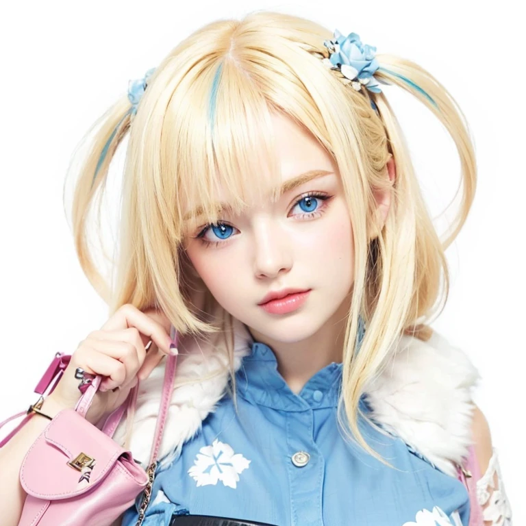 1girl with blonde hair and blue eyes holding a pink purse, Very detailed, Very Realistic.