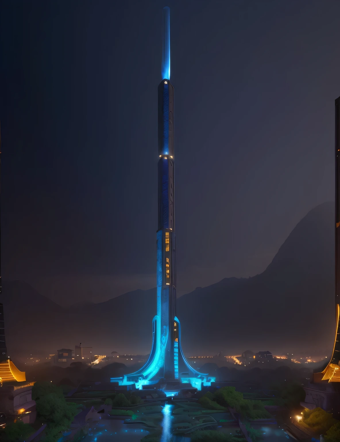 Ancient Vietnam architecture, moon, midnight, garden, city big, bridge, arch, tree, running water, landscape, outdoor, grass, water, Illustration, Epic Composition, Realistic Lighting, lights, light blue, HD Details, Masterpiece, Best Quality, (Very Detailed CG Unity 8k) --v 6