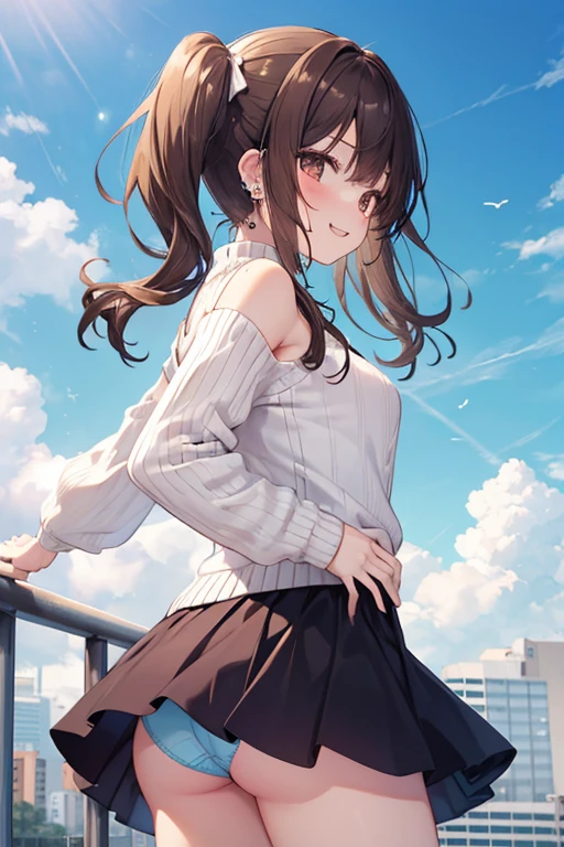 Brown haired woman.Slightly chubby,The breasts are small,The butt is small,Brown eyes、Twin tails、Laughter、Nico Nico Smile、Wink、Looks about 、There are highlights on the eyes、Gal-like appearance、Wearing piercings、Knitted sweater, No sleeve, Bodyline, Underarm、mini skirt、The wind is blowing and my panties are showing through my skirt、It was so hot that I sweated、blue sky、Light and cute、Underarmを見せろ、Side view