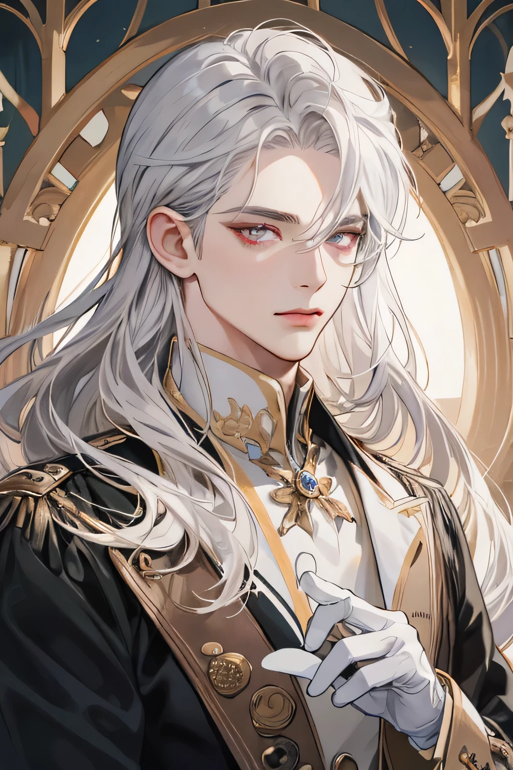 Emporer, old Man, male, 1boy, mature male, manly, shine, depicting Equal eyes, golden eyes (A Male god) Look at camera, depicting delicate facial features, white gold uniform victorian, white gloves, gothic style, ribbon, silver white long hair, extreme detail, delicate depiction, light golden eyes, all colors except purple are low saturation, royal, elegant, noble, royal dress, pink eyes, silver white long hair