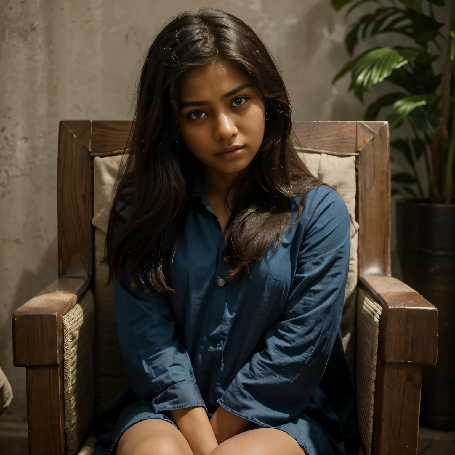 : a girl is sitting in a chair alone and my eyes lock with those of a 17-year-old Bangladeshi girl. Her gaze pierces through me,her motherly eyes holding a hint of enchantment. Behind her confident exterior lies a mysterious depth, inviting me to uncover the secrets hidden within her gaze.Fully detailed,ultra hd ,very realistic