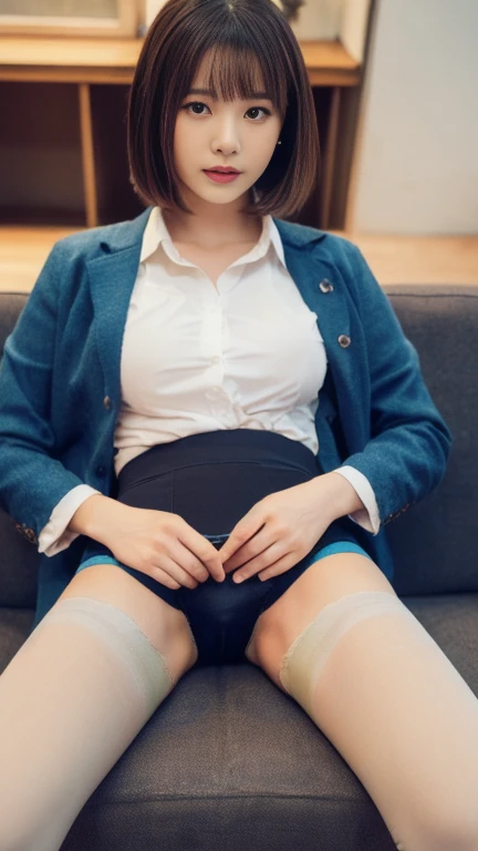 (masterpiece、highest quality、Ultra-high resolution、8k)、colorful、Flat Color、Depth of written border、Lens flare Very beautiful girl、Captivating look、sit cross-legged、,Black-haired、Looking at the audience、School、classroom、Pleated mini skirt、Please take off your uniform、serafuku、Black Pantyhose、Ded Texture、High-quality fabric、Beautiful and elaborate face、30 year old beauty、Adult atmosphere、Lift up your shirt,、((Sexy panties in l vie、((Spread your legs wide:1.5))