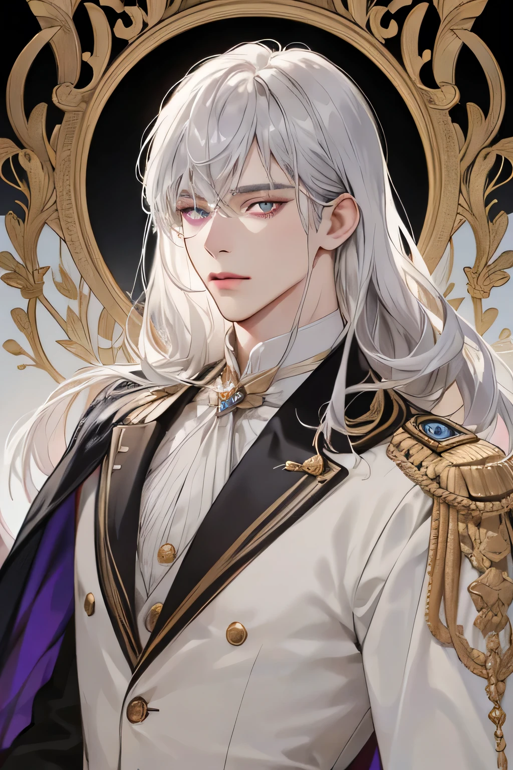 Emporer, old Man, male, 1boy, mature male, manly,  shine, depicting Equal eyes, golden eyes (A Male god) Look at camera, depicting delicate facial features, white gold uniform victorian, white gloves, gothic style, ribbon, silver white   long hair, extreme detail, delicate depiction, light golden eyes, all colors except purple are low saturation, royal, elegant, noble, royal dress, pink  eyes, silver white long hair