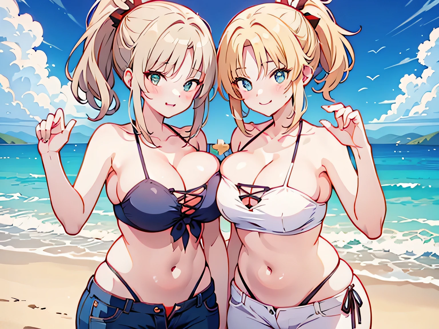 Anime illustration、highest quality、Sandy Beach、Voluptuous gravure idol、Perfect proportions、Tube top、Bikini pants、Overwhelmingly large breasts、Thick legs、Beautiful, shining eyes、Blushing、smile、Cowboy Shot、Mordred