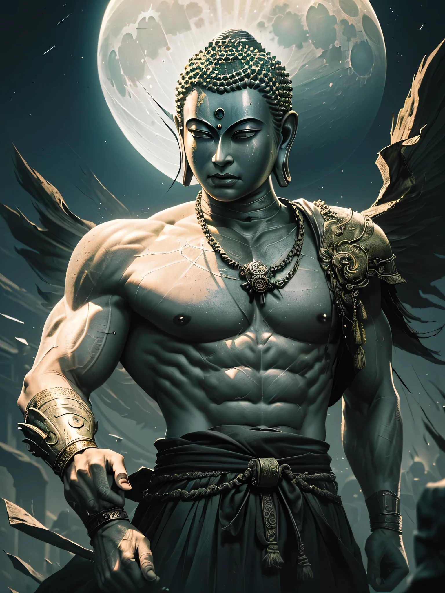 (RAW: 1.6), (Realistic: 1.8), (Clarity: 1.6), (Two figures), 30 feet (9.14 meters), ((Height: 2.5 for Buddha, 3.5 for Evil)), ((Muscular: 1.5 for Buddha, 2.2 for Evil)), ((Furious expression for both, eyes blazing with determination)), ((Hands in fighting position, muscles bulging)), ((Fine-grained, Realistic textures for clothing and skin)), (Moonlit night background for dramatic effect), High Quality Detail, Cinematic Lighting, (Backlight for Buddha to