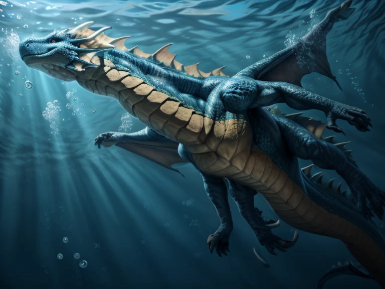 Underwater, deep underwater, aquatic dragon swimming overhead, looking at dragon from below, swimming with tail, full body