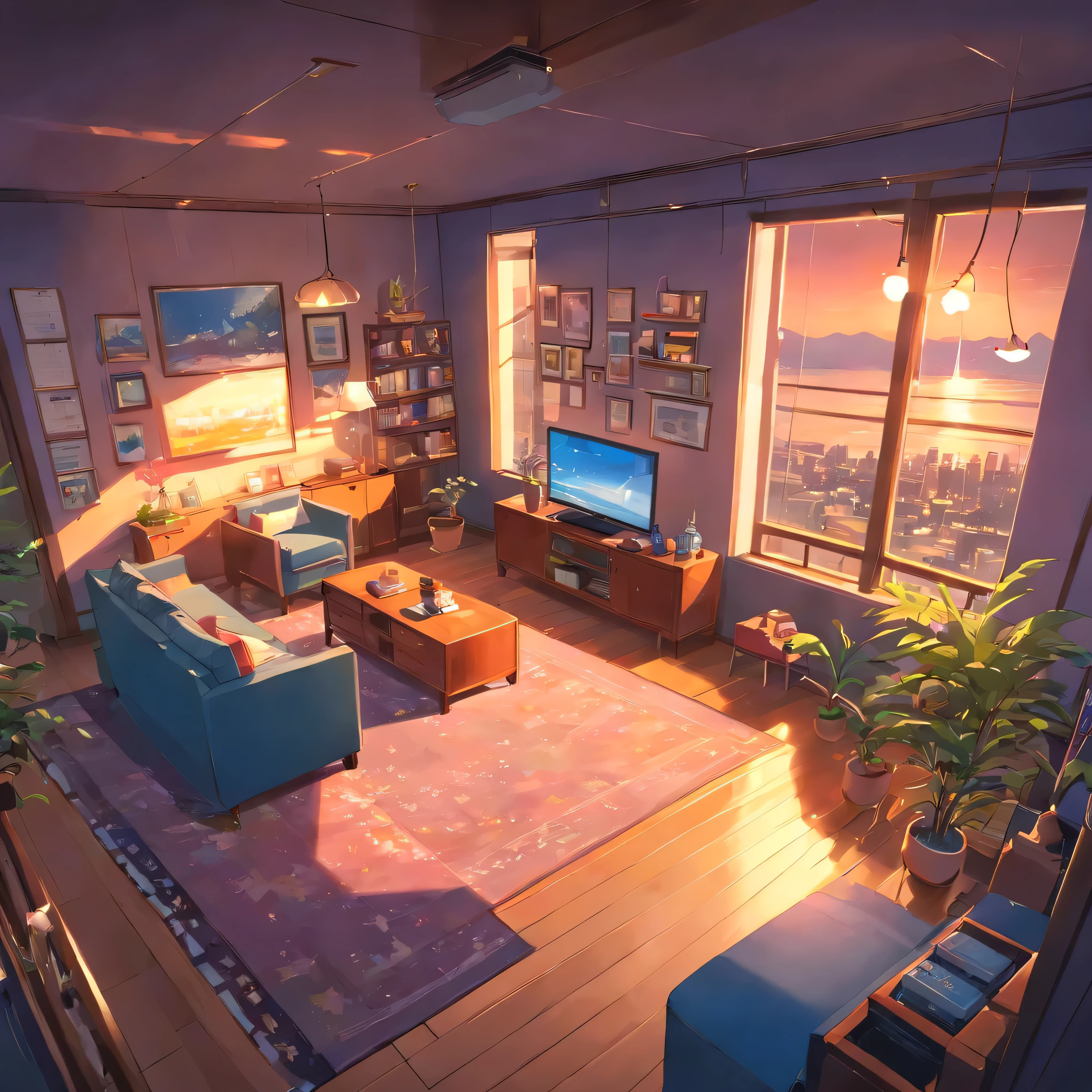 Lots of details, 8k, night， Large living room,The middle is the floor， (((nobody:1.4))), TV set ,Teen style,, poster，((from above)), perspective, panorama, (((satellite image))