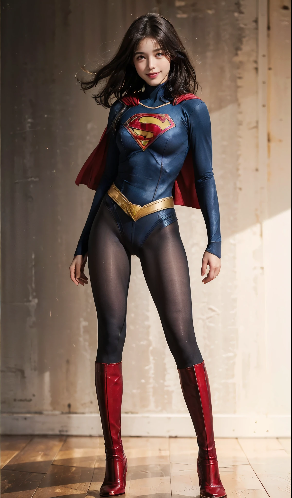 No background、(((Beautiful legs in black tights.)))、(((Legally express the beauty of your smile)))、((((Make the most of your original images)))、(((Supergirl Costume)))、(((Beautiful Hair)))、(((suffering)))、(((Please wear black tights....、Wear red boots)))、((Best image quality、8k))、((highest quality、8k、masterpiece:1.3))、(((Preserve background )))、Sharp focus:1.2、Beautiful woman with perfect figure:1.4、Slim Abs:1.2、Wet body:1.5、Highly detailed face and skin texture、8k