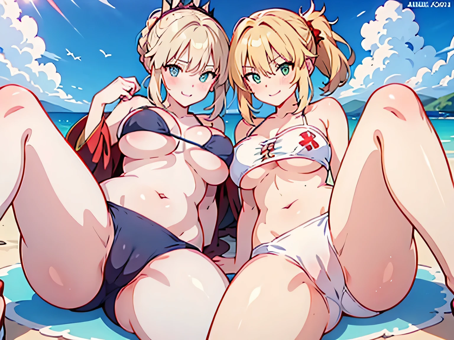 Anime illustration、highest quality、Sandy Beach、Voluptuous gravure idol、Perfect proportions、Tube top、Bikini pants、Overwhelmingly large breasts、Thick legs、Beautiful, shining eyes、Blushing、smile、Cowboy Shot、Artoria and Mordred