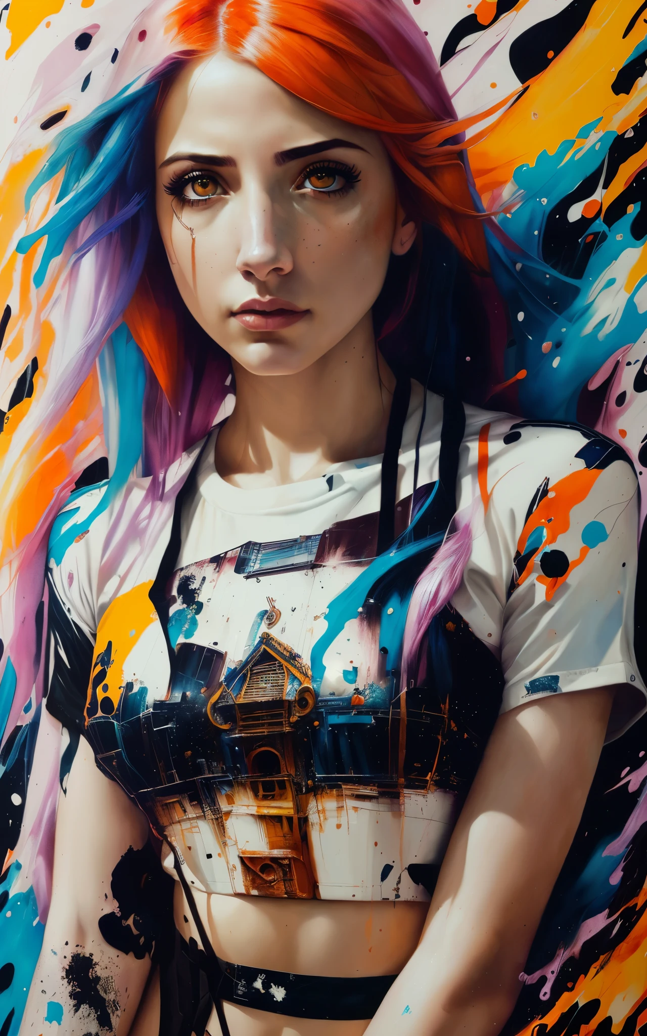 (Emily Rudd:Hayley Williams) best quality, masterpiece, (realistic:1.2), detailed face, beautiful eyes, (masterpiece, top quality, best quality, official art, beautiful and aesthetic:1.2), (1girl:1.4), extreme detailed, (Joshua Middleton comic cover art:1.1), (Action painting:1.2), (concretism:1.2), theater dance scene, (hypermaximalistic:1.5), colorful, highest detailed,
