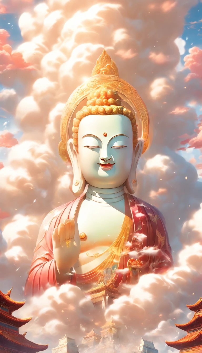 ((Masterpiece))，(Best quality))，China-style，In the sky, The clouds form a huge transparent glowing white jade Maitreya Buddha statue，Thick clouds，The sun shines，Pilgrims on the road，Hyper-realistic，Ultra photo realsisim，Real Photographics，8K，High definition，high qulity，Works of masters，super-fine，（（（OC renderer）））