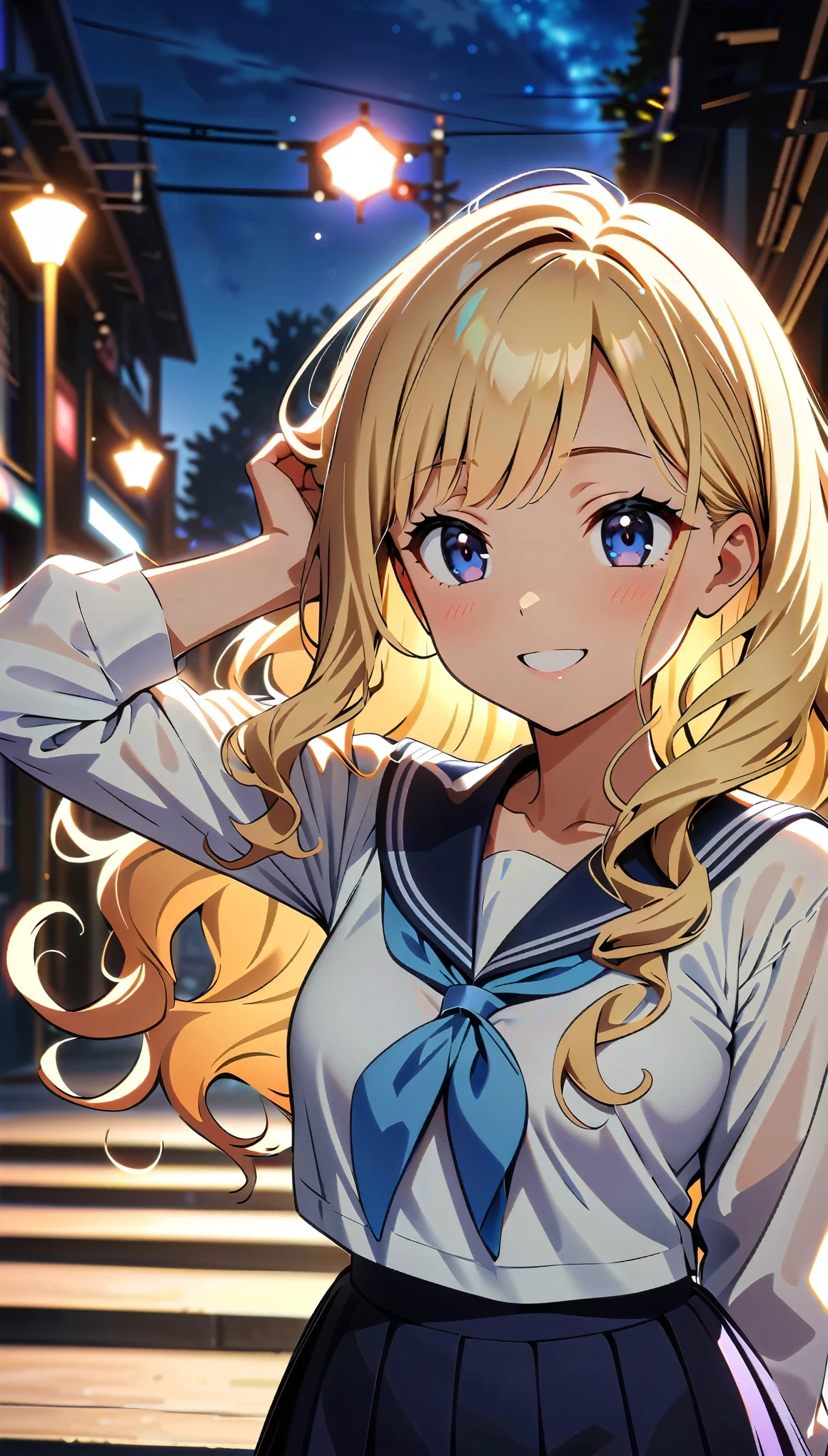 (highest quality, 4k, High resolution, masterpiece:1.2), Very detailed, (anime, animeスタイル:1.37), Cinematic Light, Bright colors and fascinating effects, Soft and delicate lighting, Lens flare, The whole scene has a beautiful and gentle atmosphere., 1 female, jk, (Blonde, Wavy Hair, Dark blue eyes), Happy expression, (Very detailed顔, Very soft lips detail, Fine grain, double eyelid, Hands to head:1.5, Cowboy Shot, Sailor suit, Glowing Skin, Anatomically correct, Background bokeh,