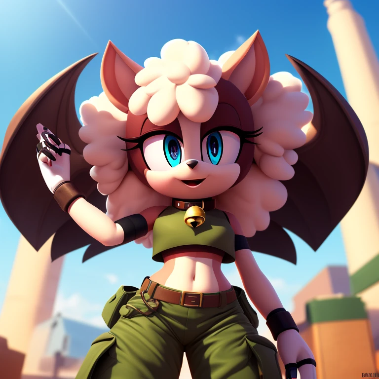 Lanolin the sheep, female anthro, high resolution, beautiful face, beautiful eyes, hyper detailed, Masterpiece, high quality, studio quality, intricate details, 8k, dynamic shot, HD, absurd res, digital media, ((yellow crop top, green cargo pants, bell collar, cute expression))
