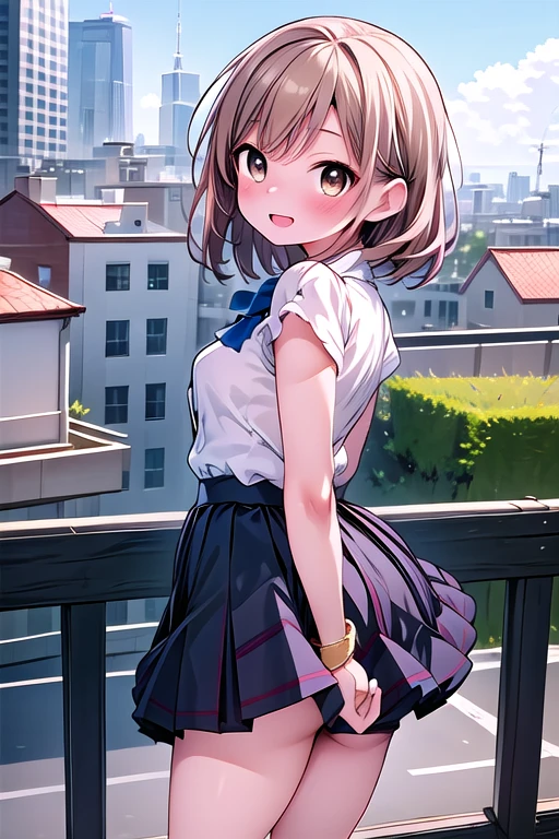 masterpiece, highest quality, High resolution, Aema, A woman with short brown hair.Slightly chubby,The breasts are small,The butt is small,Brown eyes, , Waist clothes, Skirt, arms spread, rooftop, smile, Open your mouth, blue sky, city