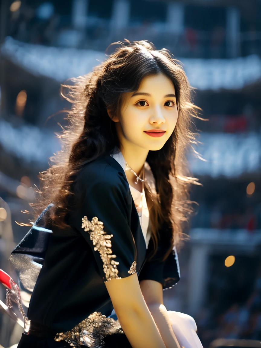 18-year-old player，Ultra HD resolution，8k，Realistic style，Sporty，Natural light，Jersey texture，cheer，Long hair，hale and hearty，whole body，White skin，Chinese Girl，Chinese Girl，long hair，In the city，High-rise buildings，很多High-rise buildings，Long legs，Smile，Blue sky，audience，Facing the camera，Short-sleeved jersey，Black neckline，Black cuffs，Black shorts，Sweatpants，sports shoes，whole body，大Long legs，masterpiece，best quality，high resolution，8K，original photo，real picture，Digital Photography，(UHD, anatomically correct, textured skin, ccurate, award winning), 1lltnh1