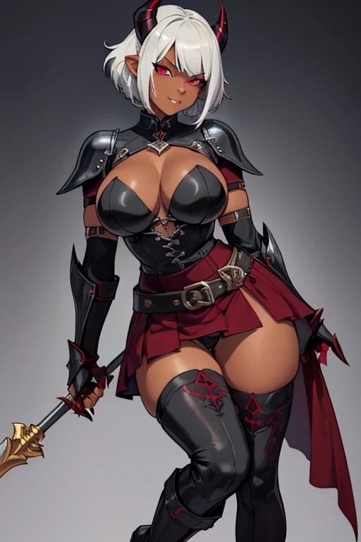 female, silver short hair, red eyes, dark skin, curved black horns, Dark Elf, (((1girl))), (((metal gauntlets))), (knee high metal heeled boots), (black bra), (black panties), (maroon quarter skirt), (brown belt), (black thigh high socks), cute and sexy, long legs, full body, large breasts, large butt, smirking, holding spear