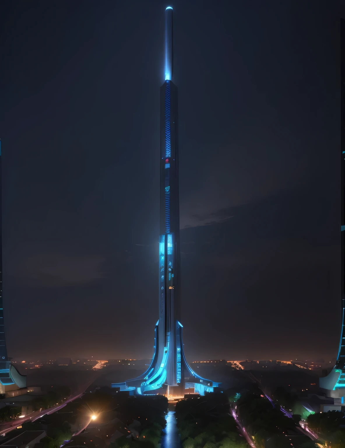 Saigon Vietnam architecture, moon, midnight, garden, ,city Saigon, river Saigon, city big, arch, tree, running water, landscape, outdoor, grass, water, Illustration, Epic Composition, Realistic Lighting, lights, light blue, HD Details, Masterpiece, Best Quality, (Very Detailed CG Unity 8k) --v 6