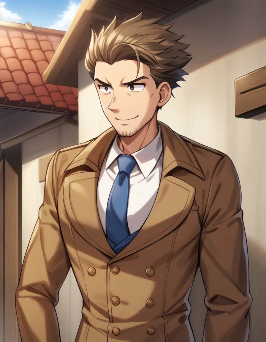 masterpiece, best quality, 1man, goofy mature detective, boned nose, wavy slicked back spiked hair, yellow_brown hair, BREAK shihaku, brown eyes, dandy, pleasant, virile, stubble, square shaped, large eyes, ugly, solo, upperlegs, white collared_shirt, blue necktie, trench_coat, dark worn-out suit, smile, standing, BREAK eroge, visual novel, 2000s