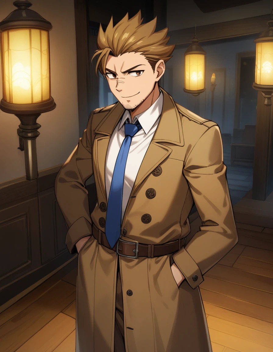 masterpiece, best quality, 1man, goofy mature detective, boned nose, wavy slicked back spiked hair, yellow_brown hair, BREAK shihaku, brown eyes, dandy, pleasant, virile, stubble, square shaped, large eyes, ugly, solo, upperlegs, white collared_shirt, blue necktie, trench_coat, dark worn-out suit, smile, standing, BREAK eroge, visual novel, 2000s
