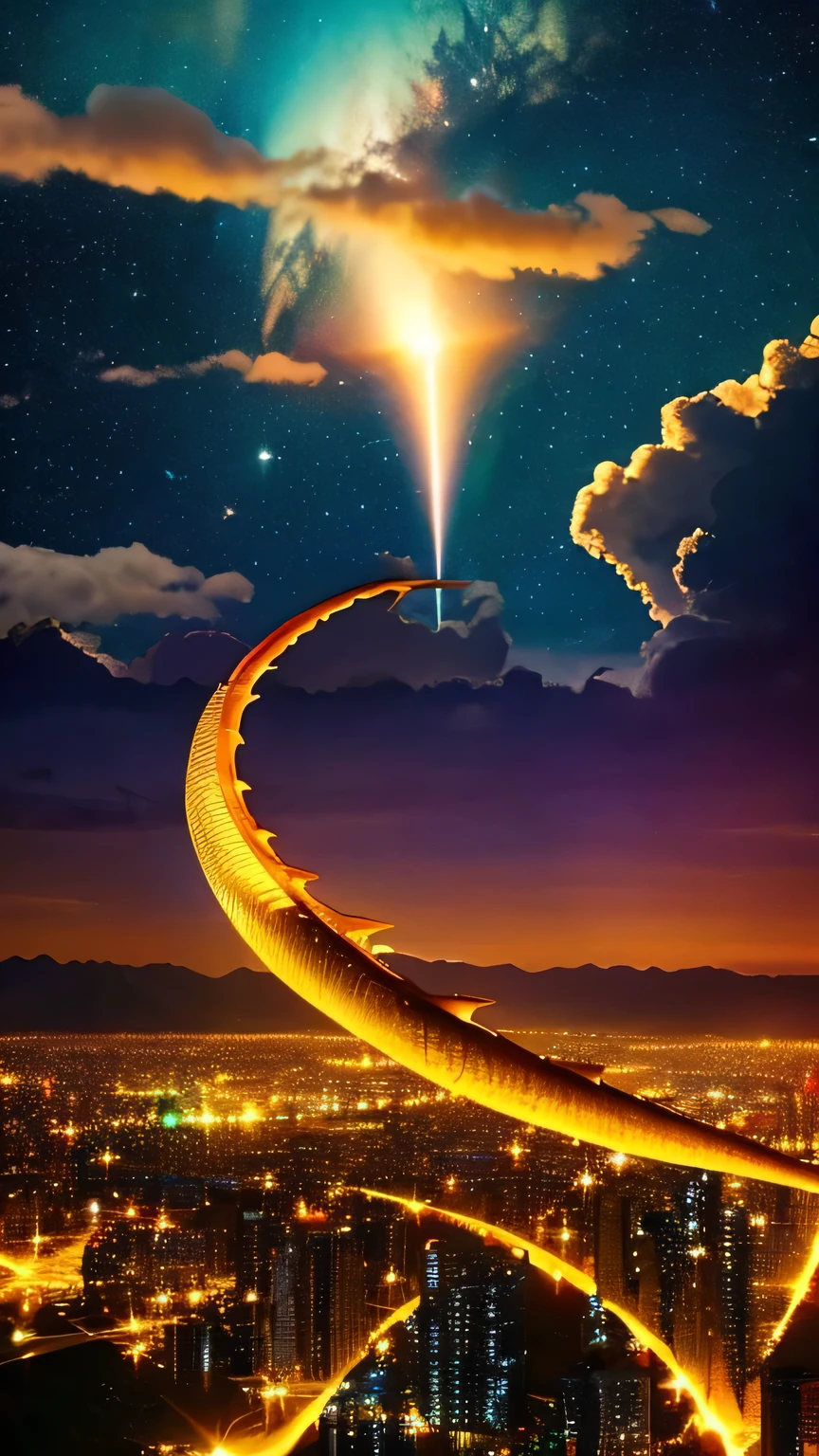 Fuji in the background, dragon god swimming in the sky, zoomed-in image of dragon, golden world, glittering