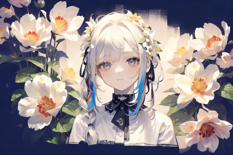 solo,1female\(chibi,cute,kawaii,age of 10,hair color white,braid hair,messy hair,eye color gray,big eyes,white skin,(monochrome:1.2),lean on,full body\),background\((many beautiful flowers and petal:1.4),(colorful:1.6),messy tiny room\),double exposure, BREAK ,
quality\(8k,wallpaper of extremely detailed CG unit, ​masterpiece,high resolution,top-quality,top-quality real texture skin,hyper realisitic,increase the resolution,RAW photos,best qualtiy,highly detailed,the wallpaper\)