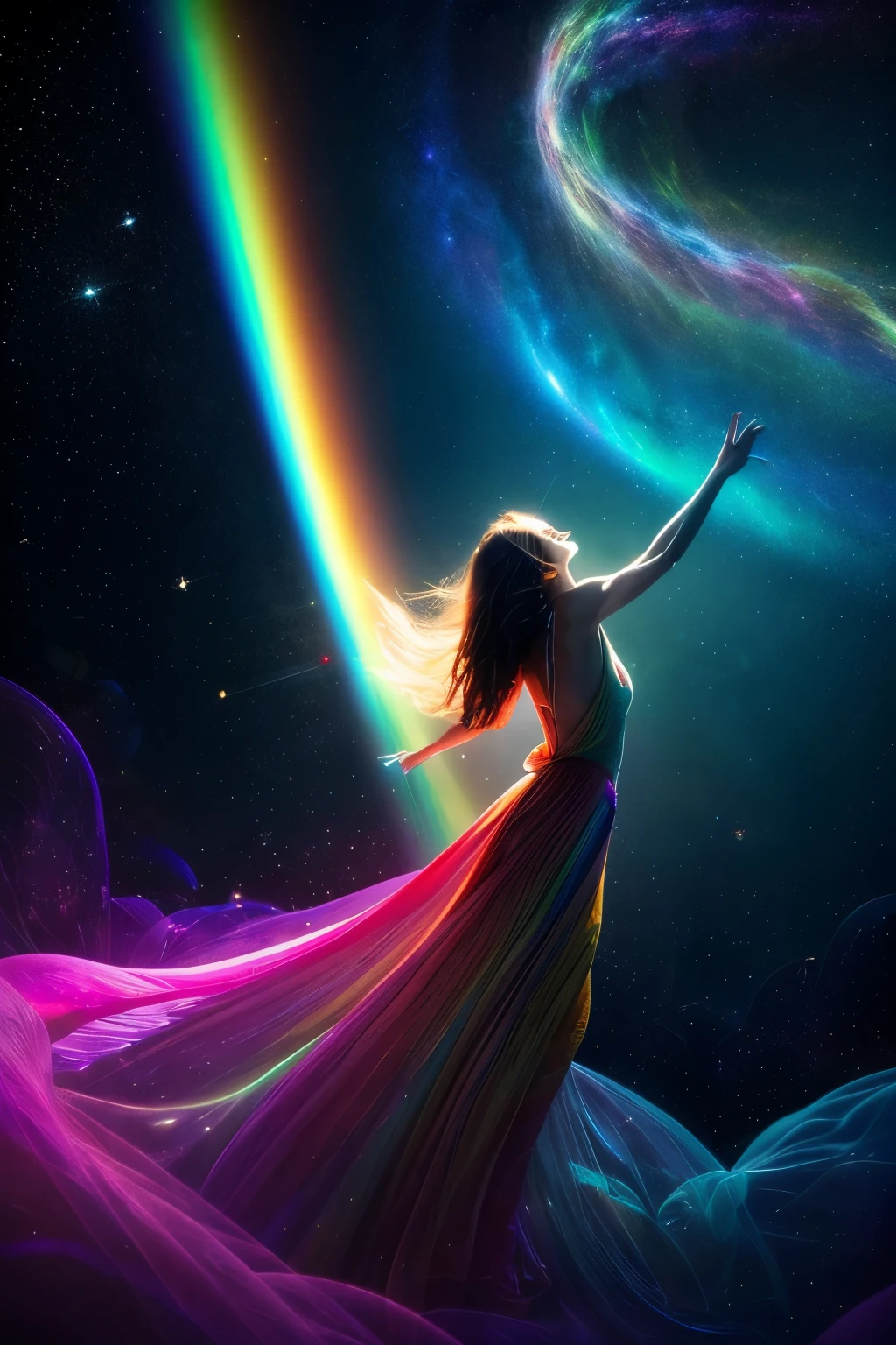 (Verse 1)
Colors paint the sky, a celestial bridge emerges
Ancient whispers echo, carried by the wind's soft purges
Echoes of nature's song, crickets join in harmony
The serpent dances high, against this vibrant symphony
(Chorus)
Dream of the rainbow, a vision cosmic and pure
Spectral luminescence, our destiny to endure
Radiant prisms shining, a transcendental overture
The universe is calling, can you feel the allure?
(Verse 2)
Auroral waves are gliding, like ocean's restless tides
Stargaze into the wonder, let your spirit be your guide
The veil of reality fading, truth appears in strands
Unity transcending, all elements join hands
(Chorus)
Dream of the rainbow, a vision cosmic and pure
Spectral luminescence, our destiny to endure
Radiant prisms shining, a transcendental overture
The universe is calling, can you feel the allure?
(Bridge)
We're children of the cosmos, fractals of light
Part of the grand design, burning ever bright
The rainbow is within us, let your soul take flight
(Chorus)
Dream of the rainbow, a vision cosmic and pure
Spectral luminescence, our destiny to endure
Radiant prisms shining, a transcendental overture
The universe is calling, can you feel the allure?