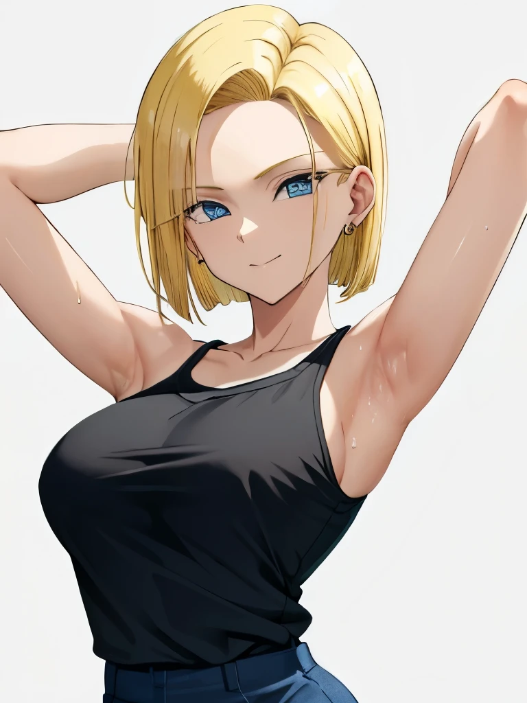 
(obra maestra, mejor calidad), 1chica, Android 18, simple black shirt, short hair, blonde hair, blue eyes, shirt, 1girl, earrings, jewelry, deslumbrante, sonrisa, breast, armpits, close up, showing her armpit, armpit focus,command to lick, sweaty