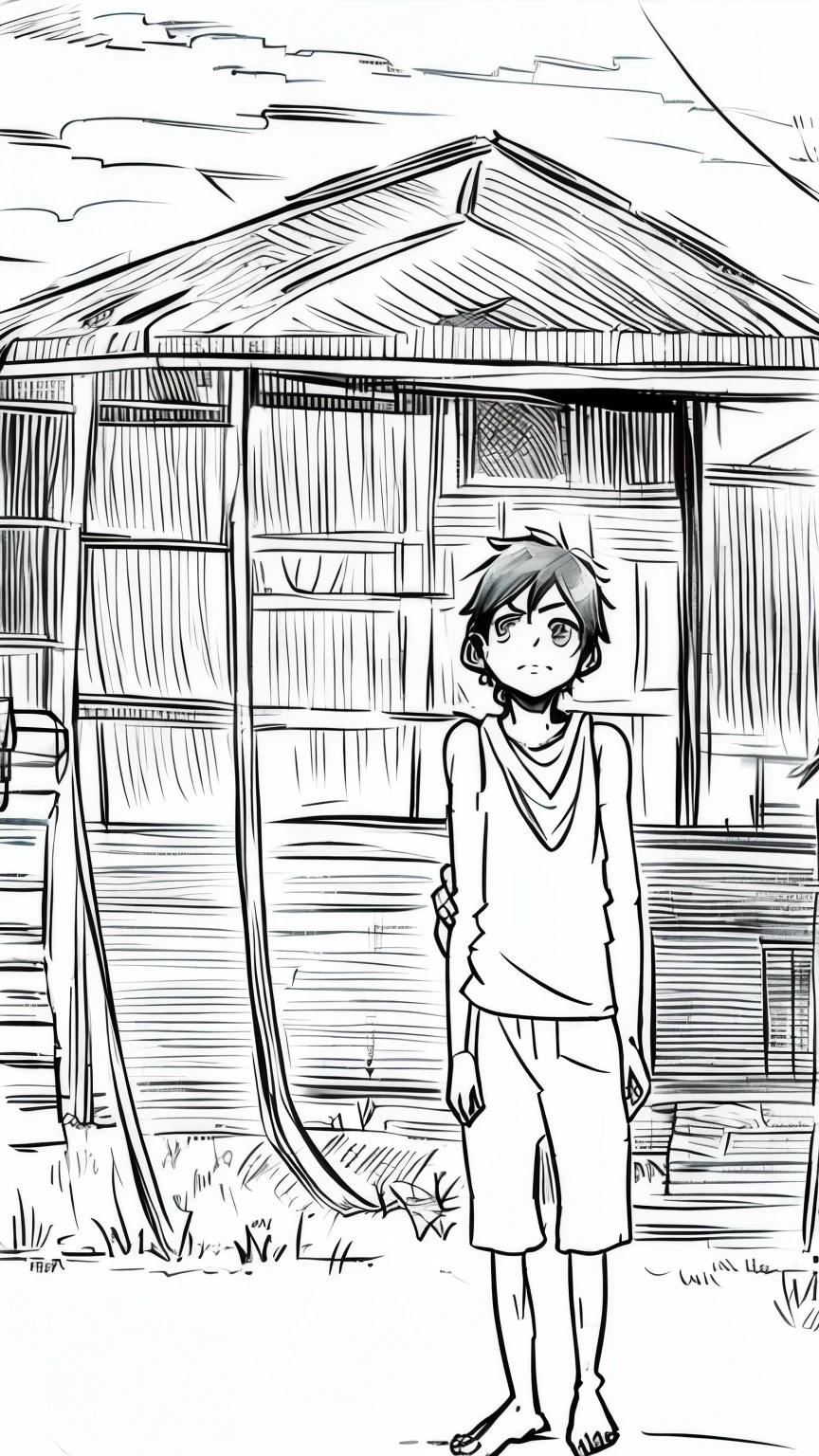 There is a indian poor boy wearing torn vest, shorts and without slippers standing and looking at broken hut