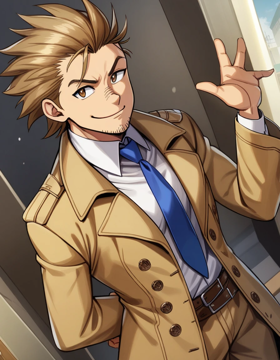 1man, goofy mature detective, boned nose, wavy slicked back spiked hair, yellow_brown hair, BREAK shihaku, brown eyes, dandy, pleasant, virile, stubble, square shaped, large eyes, ugly, solo, upperlegs, white collared_shirt, blue necktie, trench_coat, dark worn-out suit, smile, standing, BREAK eroge, visual novel, 2000s, masterpiece, best quality