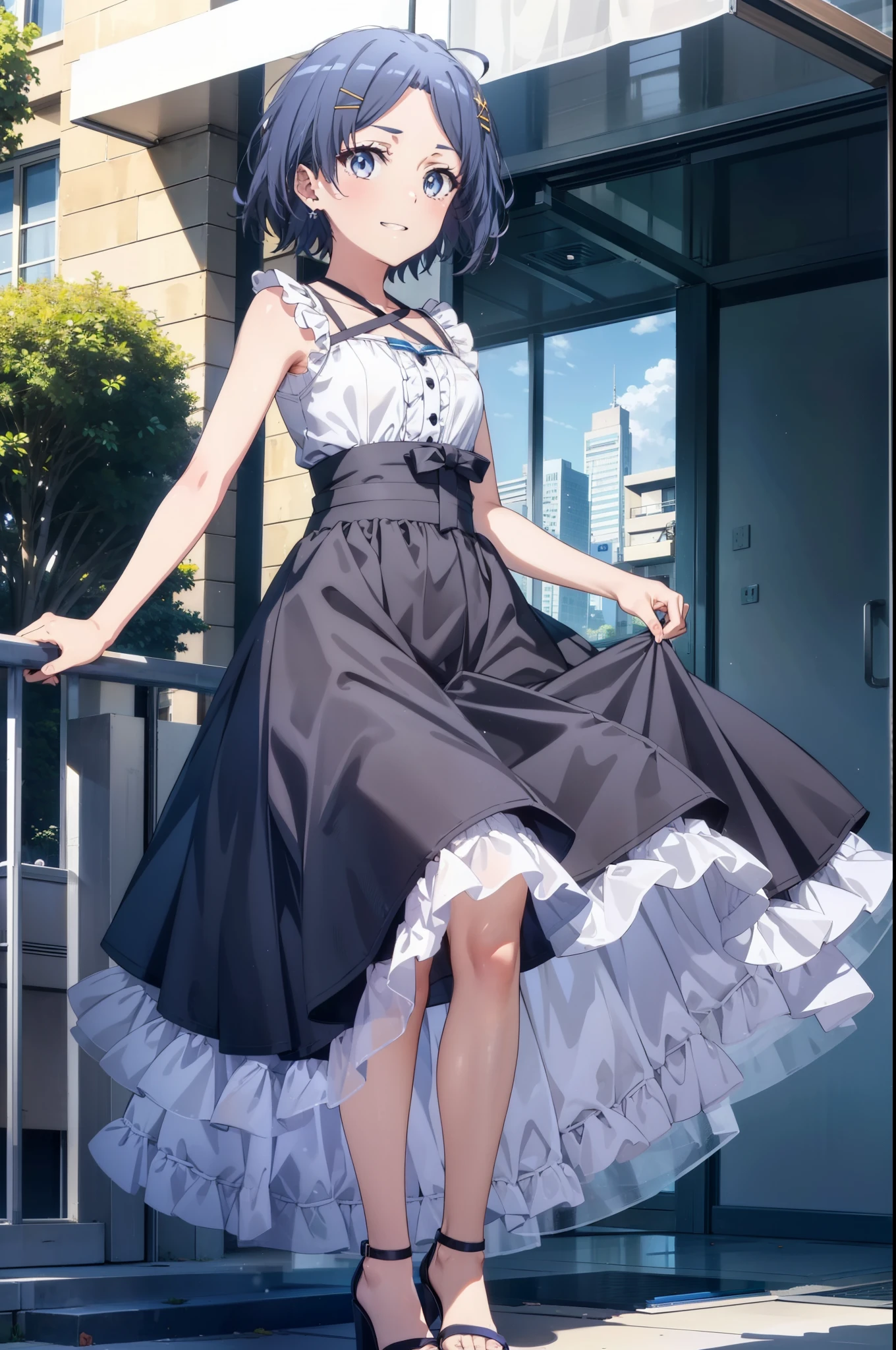 komachihikigaya, komachi hikigaya, short hair, Black Hair, hair ornaments, Ahoge, Hair Clip, x hair ornaments, (Purple eyes:1.1),tooth,happy smile, smile, Open your mouth, Sleeveless black dress,Black long skirt,Cute heeled sandals,whole bodyがイラストに入るように,Real Summer,sunny,Daytime, break outdoors ,city,Building district,Coastal Road break looking at viewer, whole body, break (masterpiece:1.2), highest quality, High resolution, unity 8k wallpaper, (shape:0.8), (Beautiful and beautiful eyes:1.6), Highly detailed face, Perfect lighting, Extremely detailed CG, (Perfect hands, Perfect Anatomy),