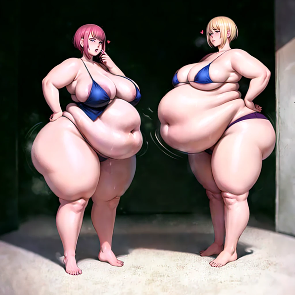 A young woman in a bikini, massive bloated overstuffed heavy protruding bulging obese belly, hyper massive obese tall wide round heart shaped bubble , wide fat hips, massive fat round breaep long cleavage, st hurts, gurgling belly, sloshing belly, distended belly, churning belly, it hurts being so full but it feel so good, squishy belly, bellies squished together, squished together, shes upset her friend isnt as fat as her, shes making her obese, wide stance, struggling to stand, deep navel, juicy fat ass,