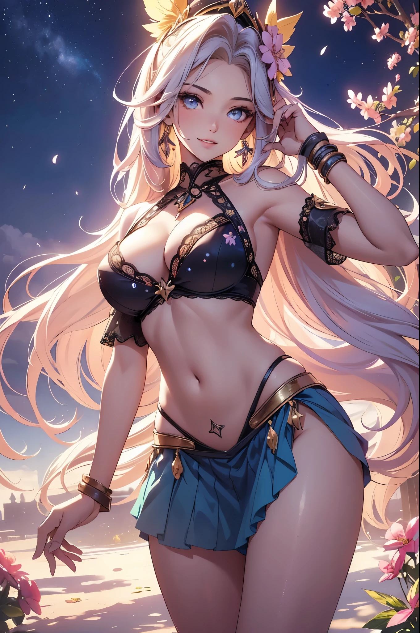 (nsfw:1.2),(best quality,4k,8k,highres,masterpiece:1.2),ultra-detailed,(realistic,photorealistic,photo-realistic:1.37),acrylic painting,(beautiful Brazilian model with medium breas,beautiful Brazilian model with extremely colorful hair and detailed facial features,beautiful Brazilian model standing in a beautiful garden surrounded by a starry sky,beautiful Brazilian model wearing a sexy skirt,btiful Brazilian model with intricate accessories and a matching hat,beautiful Brazilian model posing gracefully with her hands on her hips,beautiful Brazilian model with long flowing twintails,beautiful Brazilian model with bright blue eyes and rosy lips,beautiful Brazilian model with a joyful expression,beautiful Brazilian model in a dynamic pose with cherry blossoms falling around her,beautiful Brazilian model surrounded by colorful flowers and butterflies,beaul Brazilian model adorned with cute bows and lace details,beautiful Brazilian model with an enchanting smile,beautiful Brazilian model with soft, pastel-colored shading,beautiful Brazilian model with a magical glow illuminating her,beautiful Brazilian model in a picturesque setting with a winding path leading to a magnificent castle,beautiful Brazilian model with a fairytale-like background,beautiful Brazilian model with a soft, dreamy atmosphere,beautiful Brazilian model with a subtle bokeh effect,beautiful Brazilian model standing under a moonlit sky,beautiful Brazilian model with a warm, golden sunset in the background,beautiful Brazilian model surrounded by twinkling stars andrful nebulae,creating an ethereal and captivating artistic masterpiece.