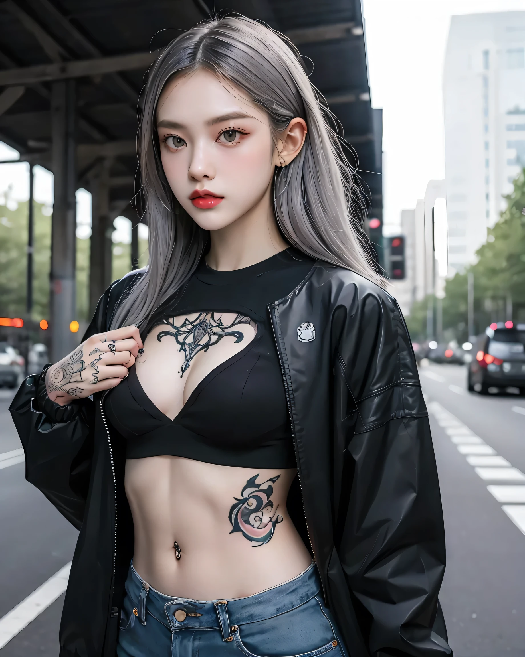 One girl, Gray Hair, Long Hair, Techwear masterpiece, highest quality, Realistic, Dark purple jacket, Portraiture, Fine grain, Wearing the headset, Platinum Hair, 21 year old girl, Fashion pose, Half Body, Wide shot, on the road, cyber punk,(((He has many tattoos all over his body)), (((Tight waist))), ((Big Breasts)),(See-through)，panties