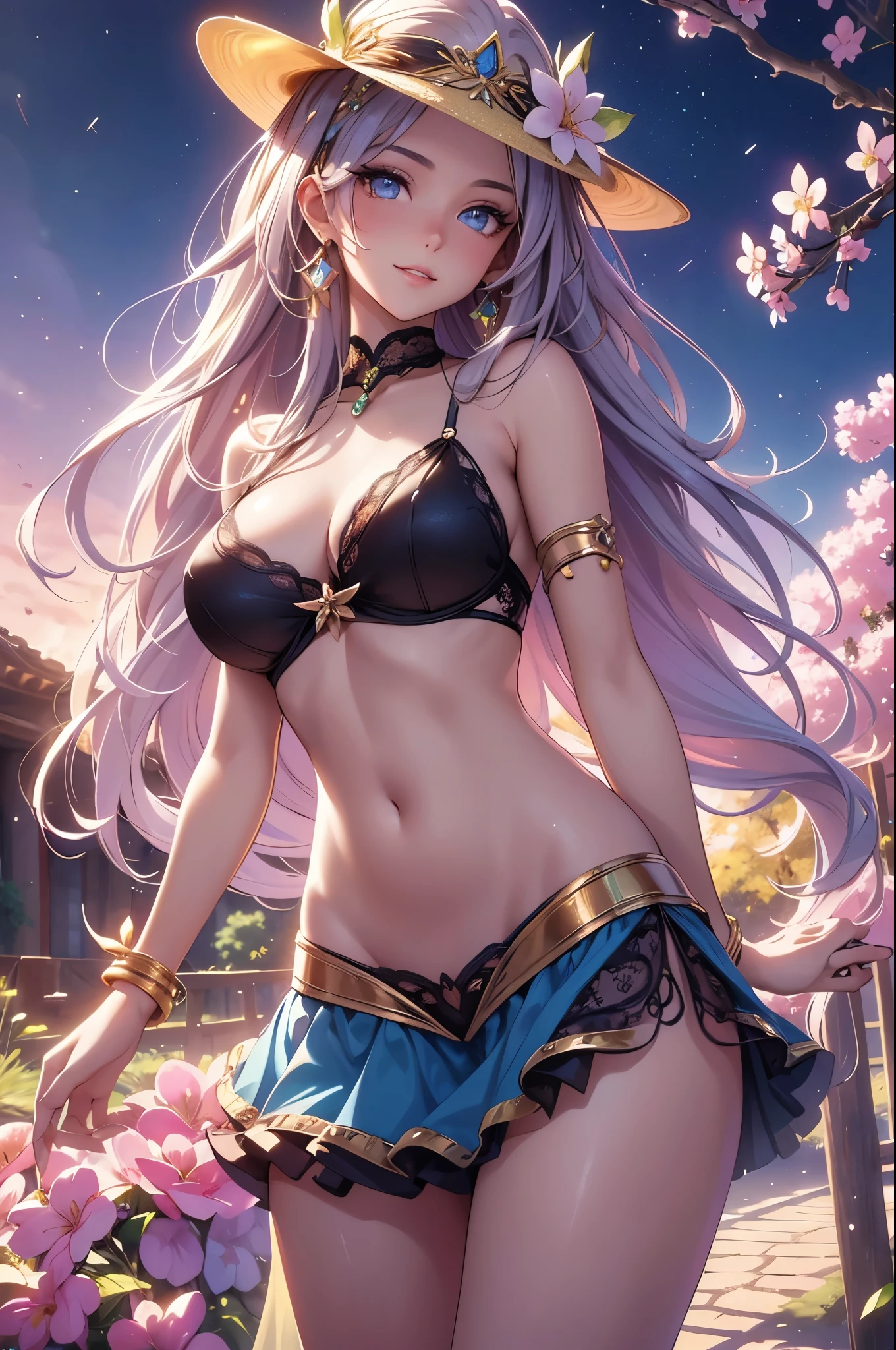 (nsfw:1.2),(best quality,4k,8k,highres,masterpiece:1.2),ultra-detailed,(realistic,photorealistic,photo-realistic:1.37),acrylic painting,(beautiful Brazilian model with naked medium breasts:1.2),beautiful Brazilian model with extremely colorful hair and detailed facial features,beautiful Brazilian model standing in a beautiful garden surrounded by a starry sky,beautiful Brazilian model wearing a sexy skirt,beautiful Brazilian model with intricate accessories and a matching hat,beautiful Brazilian model posing gracefully with her hands on her hips,beautiful Brazilian model with long flowing twintails,beautiful Brazilian model with bright blue eyes and rosy lips,beautiful Brazilian model with a joyful expression,beautiful Brazilian model in a dynamic pose with cherry blossoms falling around her,beautiful Brazilian model surrounded by colorful flowers and butterflies,beautiful Brazilian model adorned with cute bows and lace details,beautiful Brazilian model with an enchanting smile,beautiful Brazilian model with soft, pastel-colored shading,beautiful Brazilian model with a magical glow illuminating her,beautiful Brazilian model in a picturesque setting with a winding path leading to a magnificent castle,beautiful Brazilian model with a fairytale-like background,beautiful Brazilian model with a soft, dreamy atmosphere,beautiful Brazilian model with a subtle bokeh effect,beautiful Brazilian model standing under a moonlit sky,beautiful Brazilian model with a warm, golden sunset in the background,beautiful Brazilian model surrounded by twinkling stars and colorful nebulae,creating an ethereal and captivating artistic masterpiece.
