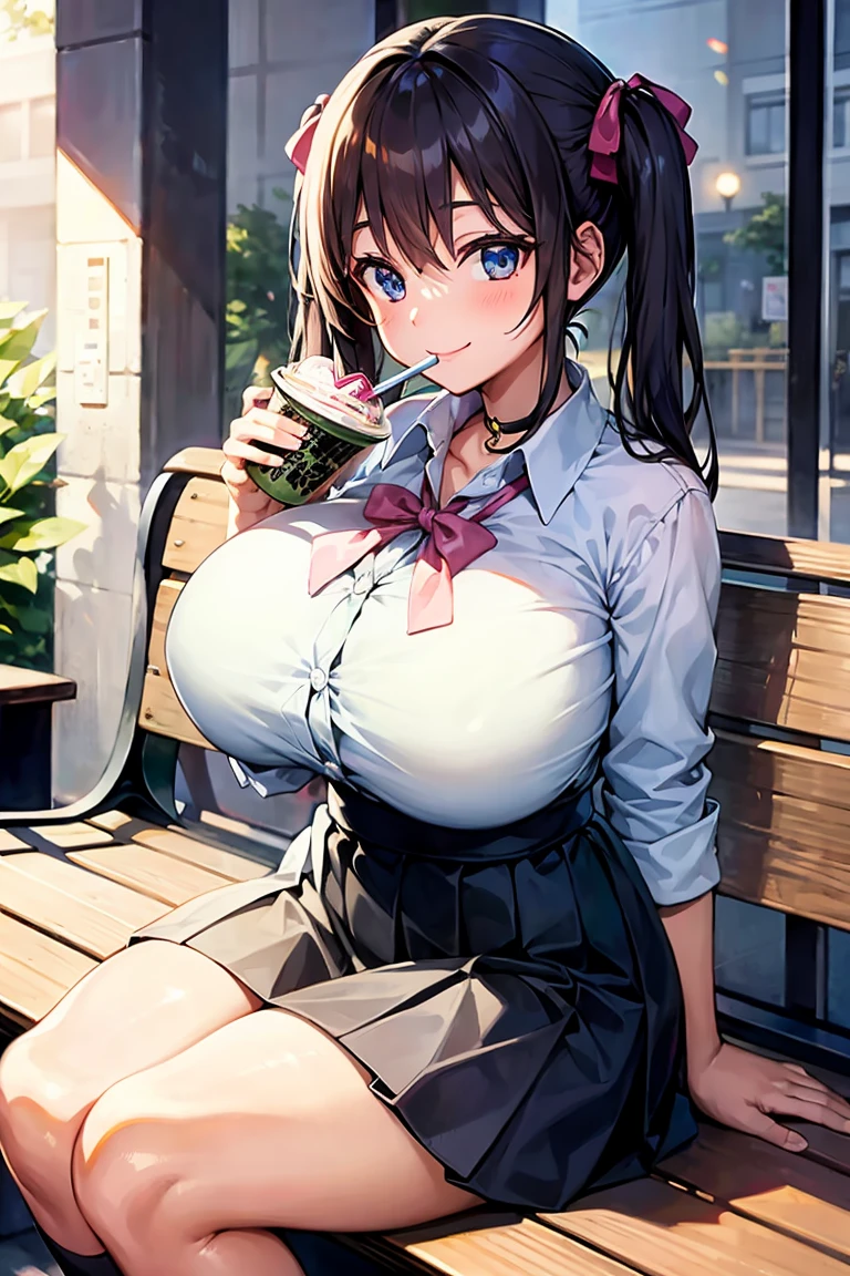 smile, (huge breast:1), curvy body, Anime-style image of an 18-year-old Japanese high school girl with brown twin-tails and sky-blue eyes. She is wearing a  and a pink ribbon as an accessory. She is sitting on a bench in a schoolyard, next to her trumpet. The girl is sipping a strawberry frappuccino during a break from practice. The background shows a soft sunset, creating a relaxed, after-school atmosphere.