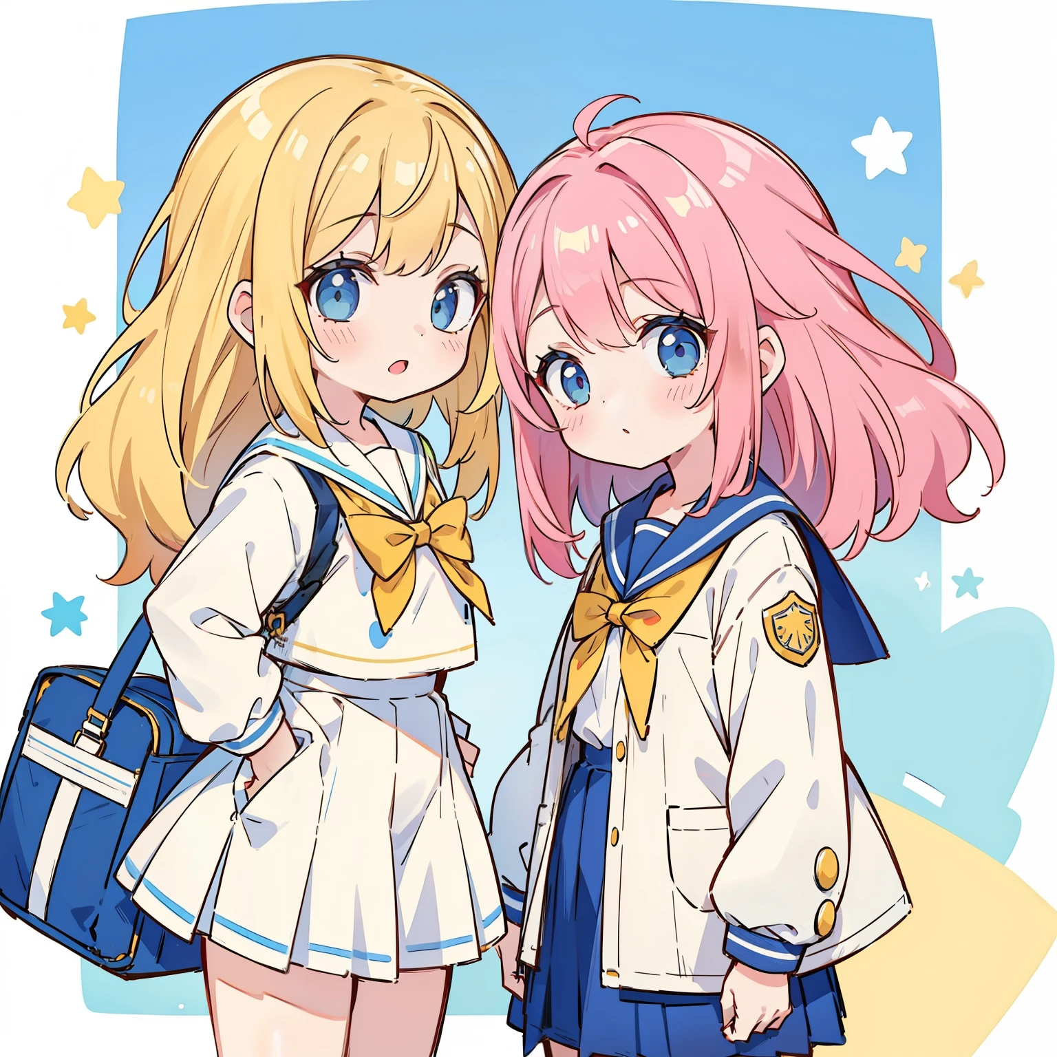 2 people, 2 girls, 2; Pink hair; white school uniform; yellow hair, blue