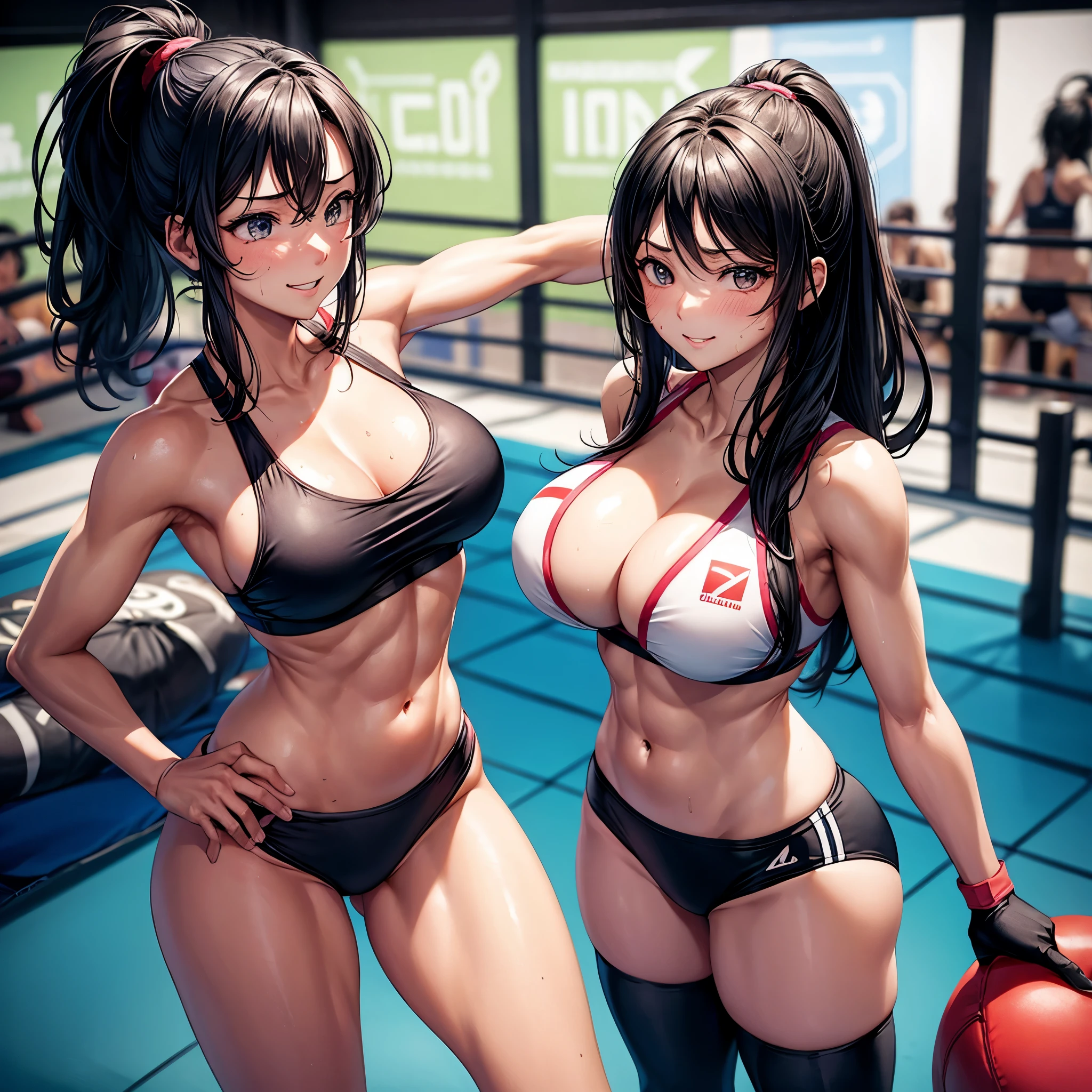 beautiful girl、Fighter、Black Hair、long hair、Big Breasts、sexy、Sexy、A gentle smile、Sports Bra、Surf bikini pants for women、Wristband、Gloves、Boxing Shoes、canvaat、On the Ring、Match in the ring、indoor、Match venue、The whole body is visible、Abdominal muscleuscular、1Person-person perspective、High Kick、Sweating