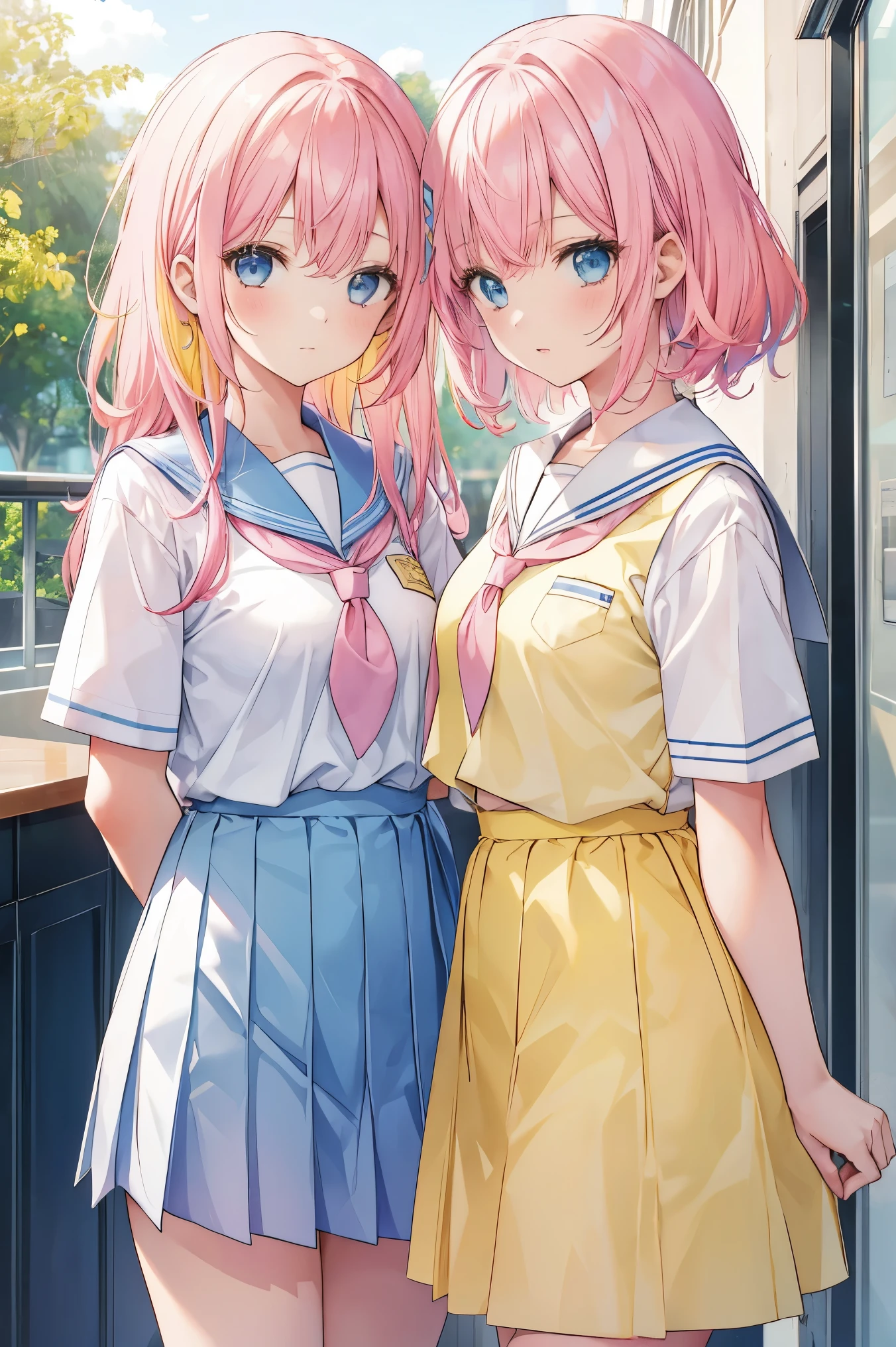 2 people, 2 girls, 2; Pink hair; white school uniform; yellow hair, blue