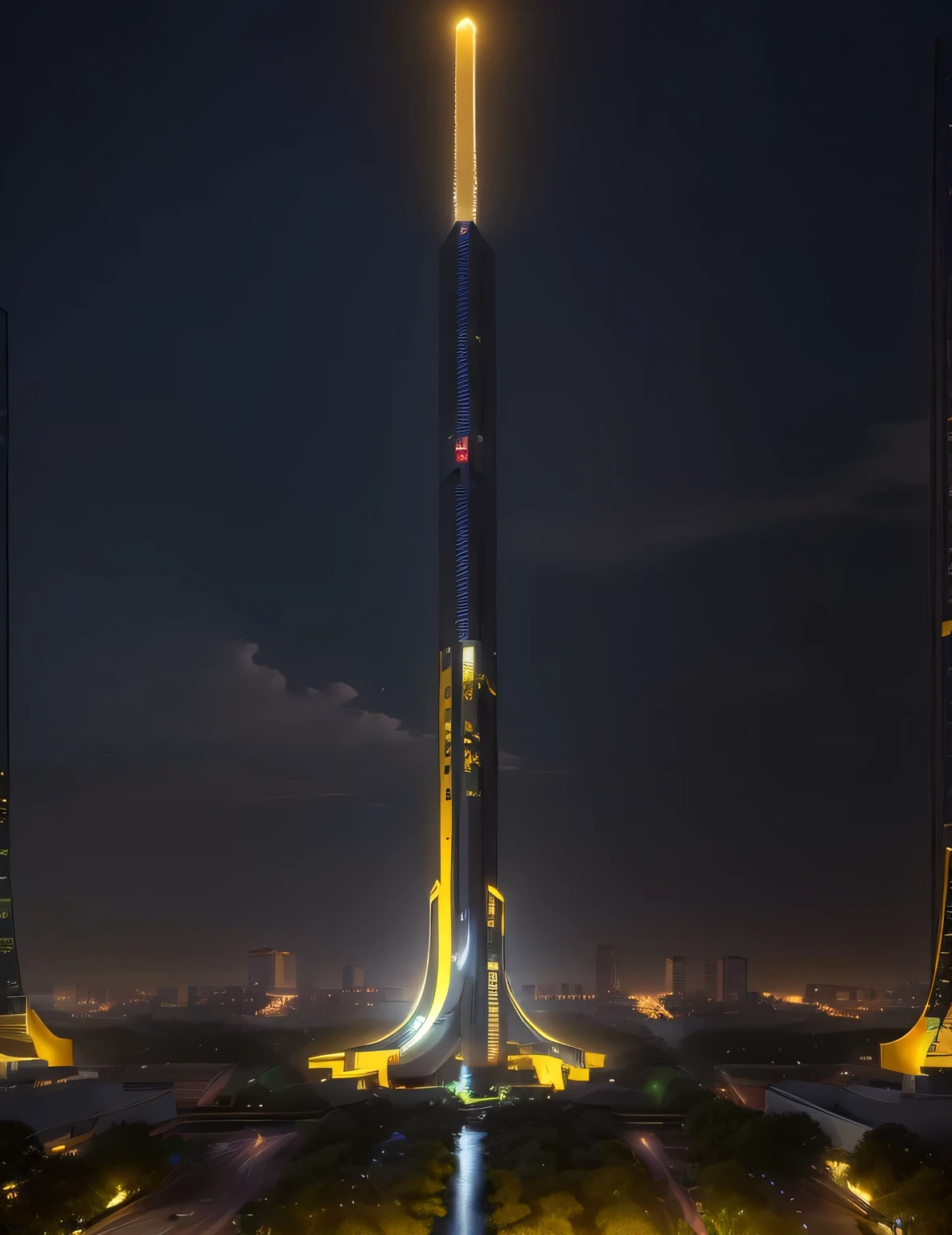 Saigon Vietnam architecture, moon, midnight, garden, ,city Saigon, river Saigon, city big, arch, tree, running water, landscape, outdoor, grass, water, Illustration, Epic Composition, Realistic Lighting, lights, light yellow, HD Details, Masterpiece, Best Quality, (Very Detailed CG Unity 8k) --v 6