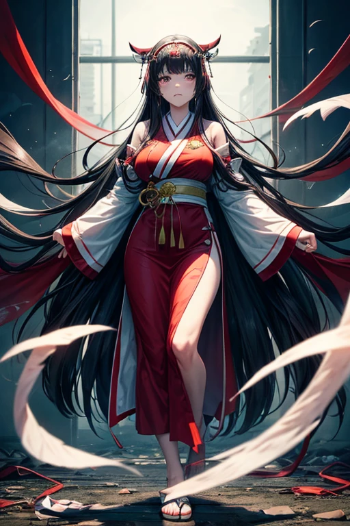 Long Black Hair　Bangs　Dark Eyes　A calm-looking woman in her thirties wearing a traditional red and white shrine maiden outfit　Standing with both feet apart and arms stretched out in front of you, facing forward　breast enhancement　unrealistic　Dark green light at your feet　There are multiple green spirits flying around.　Fighting in an abandoned hospital at night　Dirty walls　darkness　surgical tools　Struggled　impatience　Half crying　fear　regret　Just before defeat