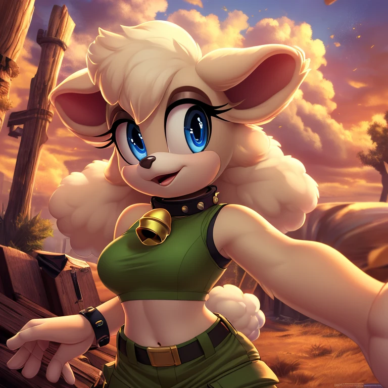 Lanolin the sheep, female anthro, high resolution, beautiful face, beautiful eyes, hyper detailed, Masterpiece, high quality, studio quality, intricate details, 8k, dynamic shot, HD, absurd res, digital media, ((yellow crop top, green cargo pants, bell collar, cute expression))