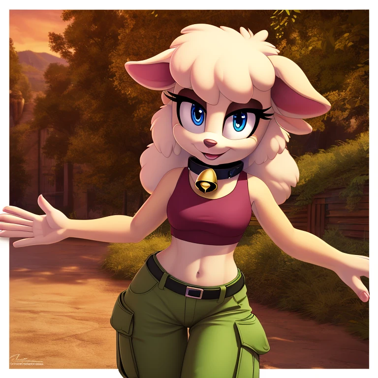 Lanolin the sheep, female anthro, high resolution, beautiful face, beautiful eyes, hyper detailed, Masterpiece, high quality, studio quality, intricate details, 8k, dynamic shot, HD, absurd res, digital media, ((yellow crop top, green cargo pants, bell collar, cute expression))