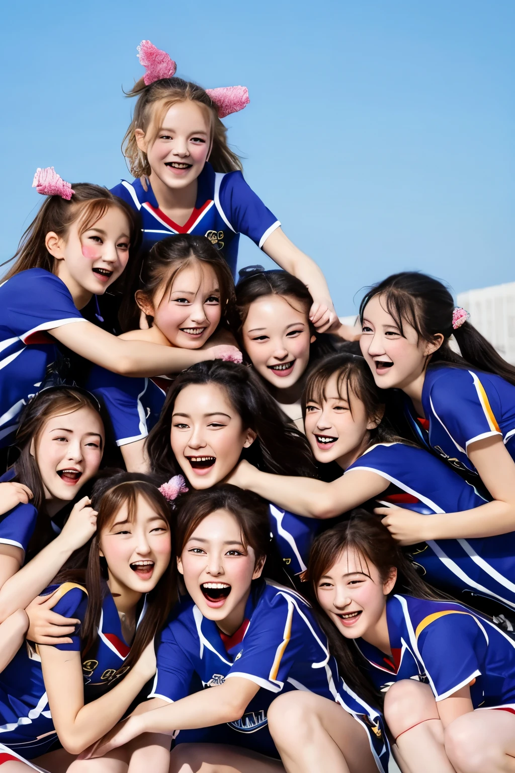highest quality, masterpiece, detailed skin, detailed clothes, detailed face, a girl carrying 20 cute girls on her shoulders, cheerleading, whole bodies, pile on, pile up, human tower
