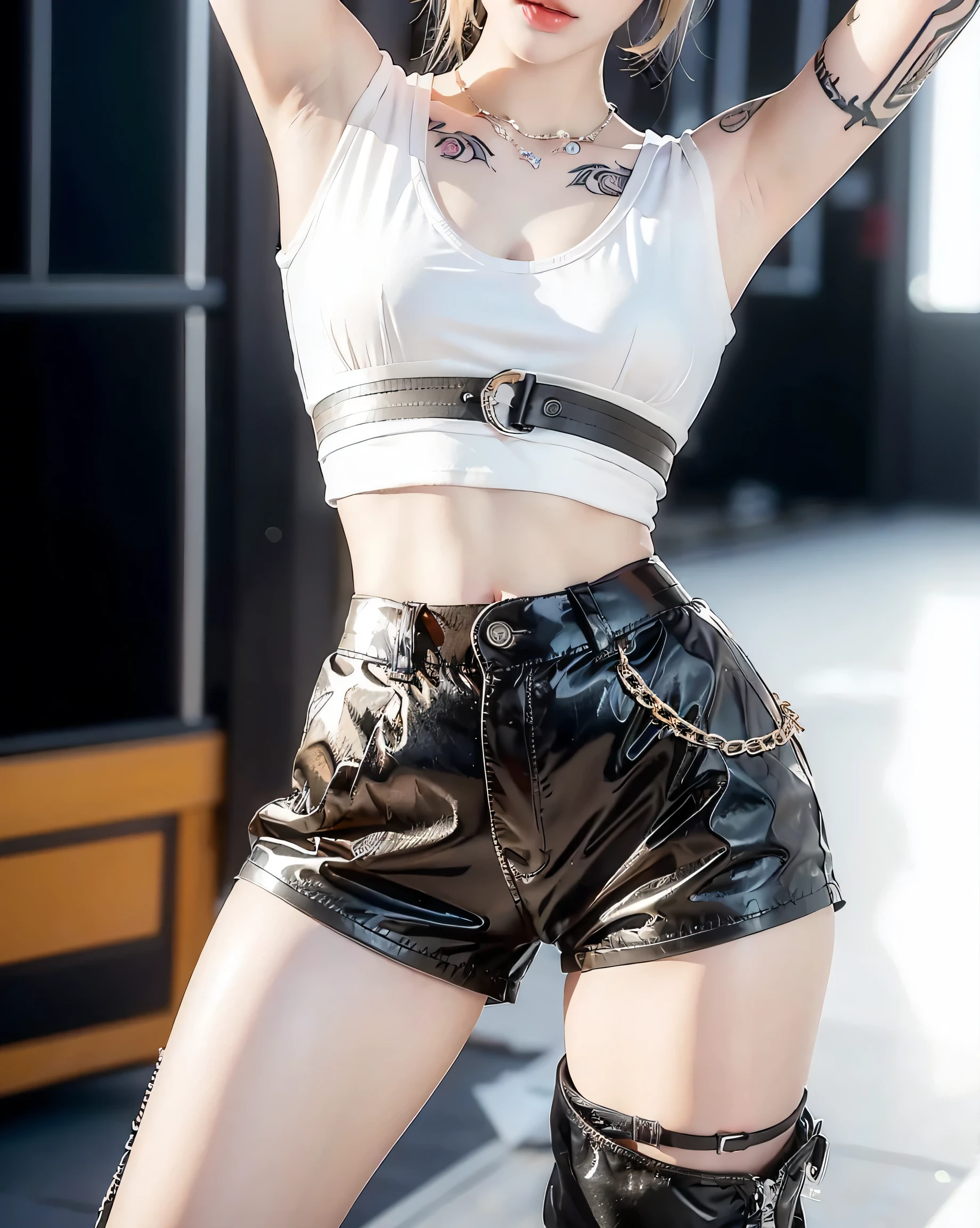 (Browsing Caution:0.7), Perfect Style, Beautiful Face, Highly detailed face and skin texture, (Maximum resolution: 1.2), 1 female,Hip Up, jewelry, (((He has many tattoos all over his body)), Streetwear, (((Tight shorts))), blonde, (((Tight waist))), ((Big Breasts)),(See-through)