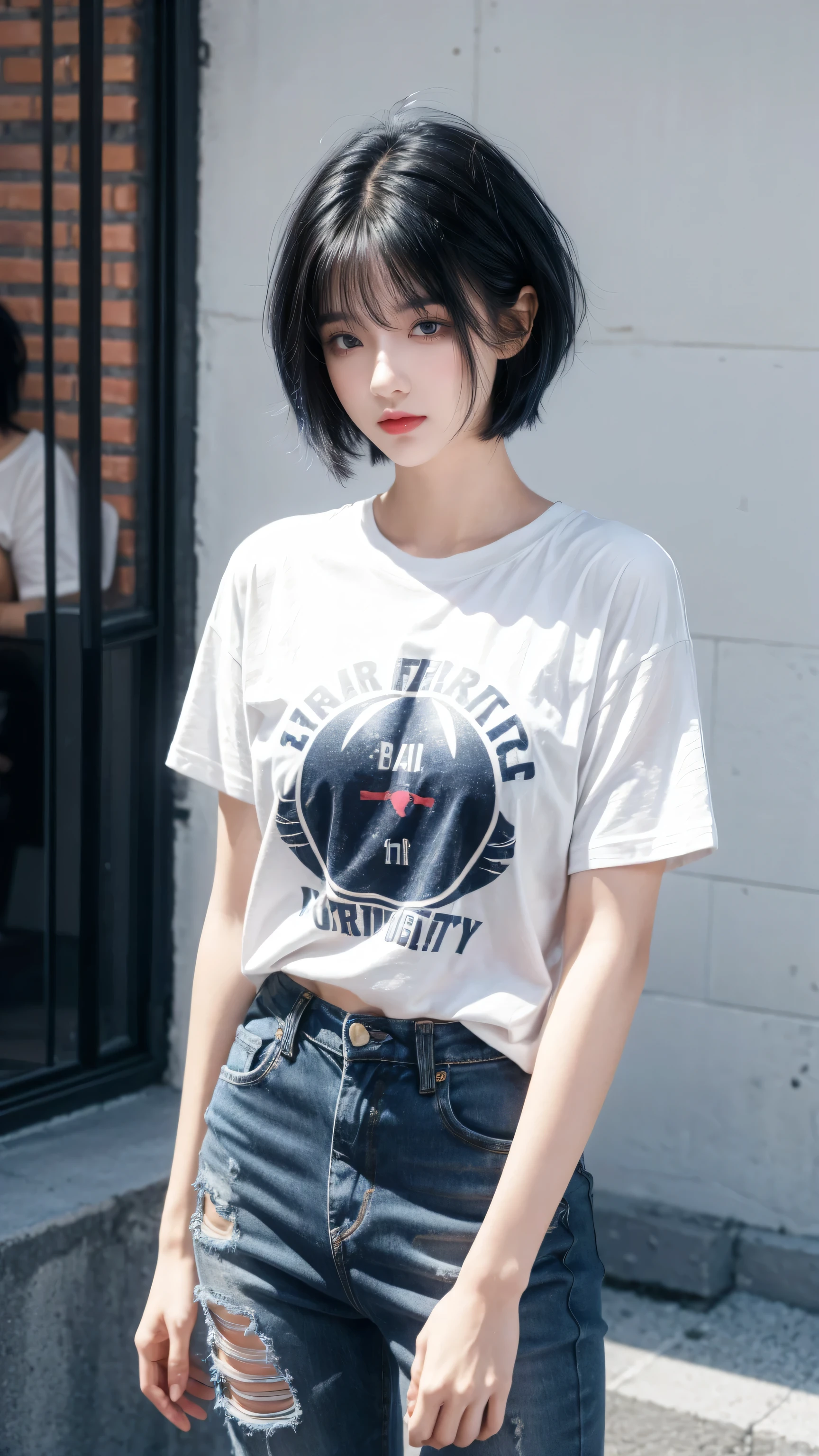 best quality, 1 Girl, dark blue hair, black eyes, Very short hair, Spiky hair, t-shirt, High waist jeans, 171 cm, Messy hair, Hair between the eyes, Medium breasts, full, Tomboy, aldult, 20 years old, 1 Girl