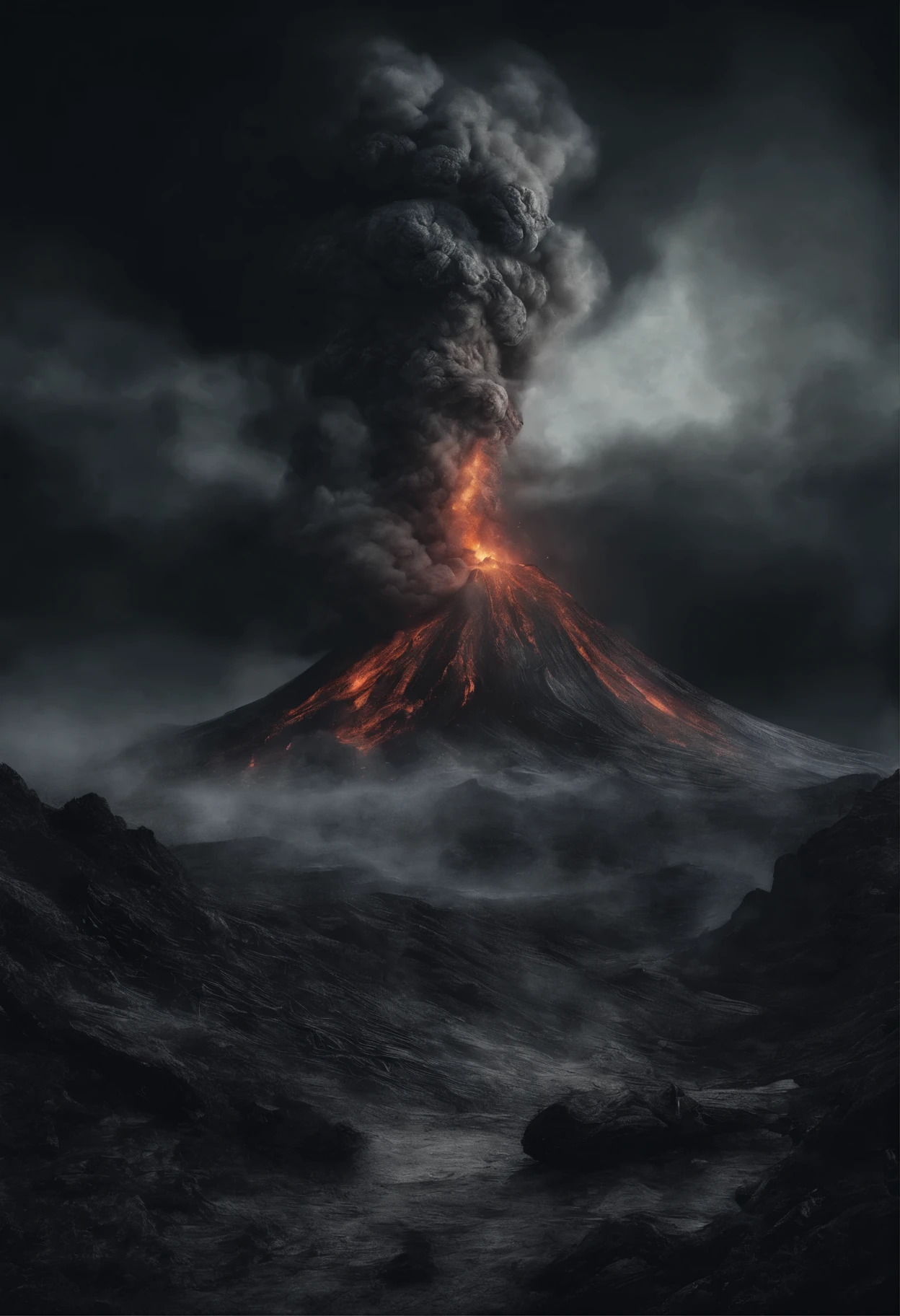 Volcanic eruption at night.