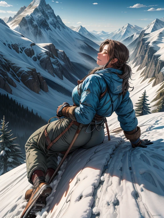 highest quality, masterpiece, Highly detailed background, Majestic Mountain々Back view of a girl climbing a hill, ((Winter mountaineer style clothing)), A person stretching out in the sunlight shining in from the mountaintop, Beautiful landscape in earth tones, A Hopeful Outlook, Expressions that give viewers a gentle feeling, Focus on the landscape、Make portrait smaller..