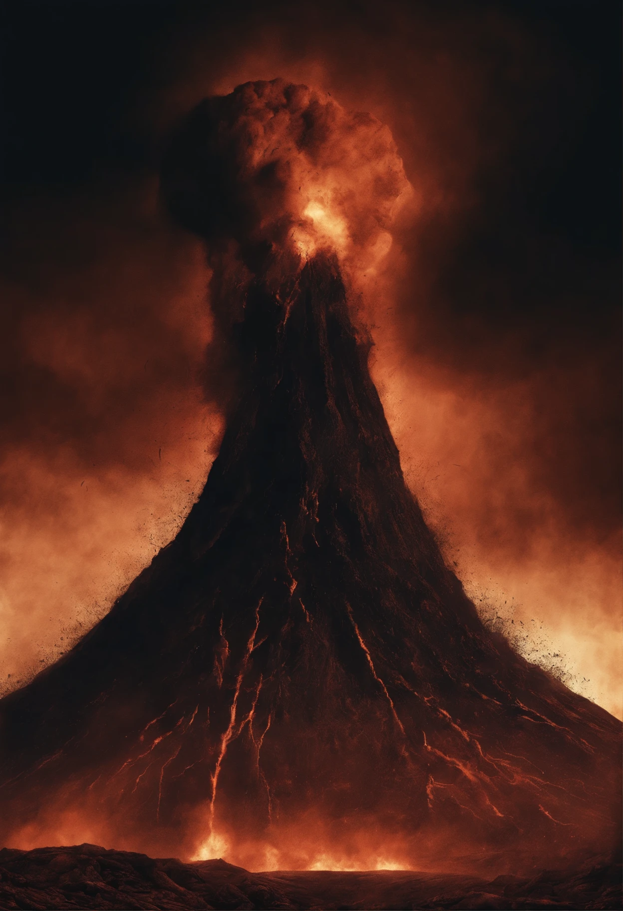 Volcanic eruption at night.
