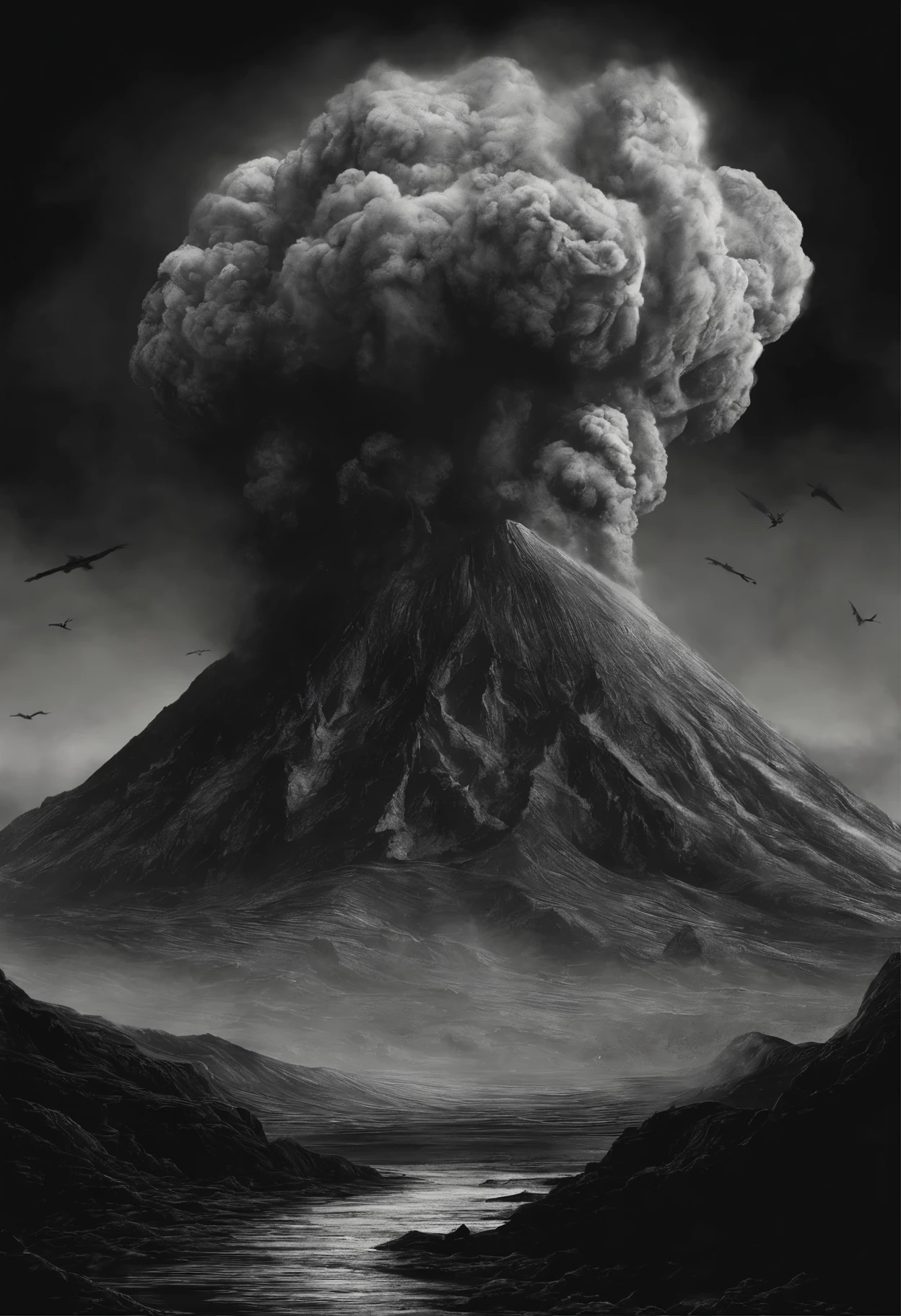 Volcanic eruption at night.